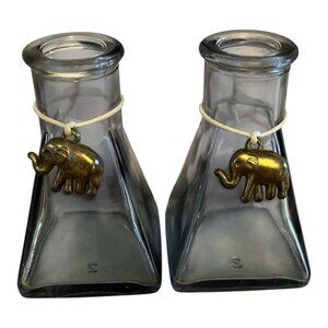 Vintage Square Glass Bottles with Brass Elephant Charms – 3.25” – Likely Used fo